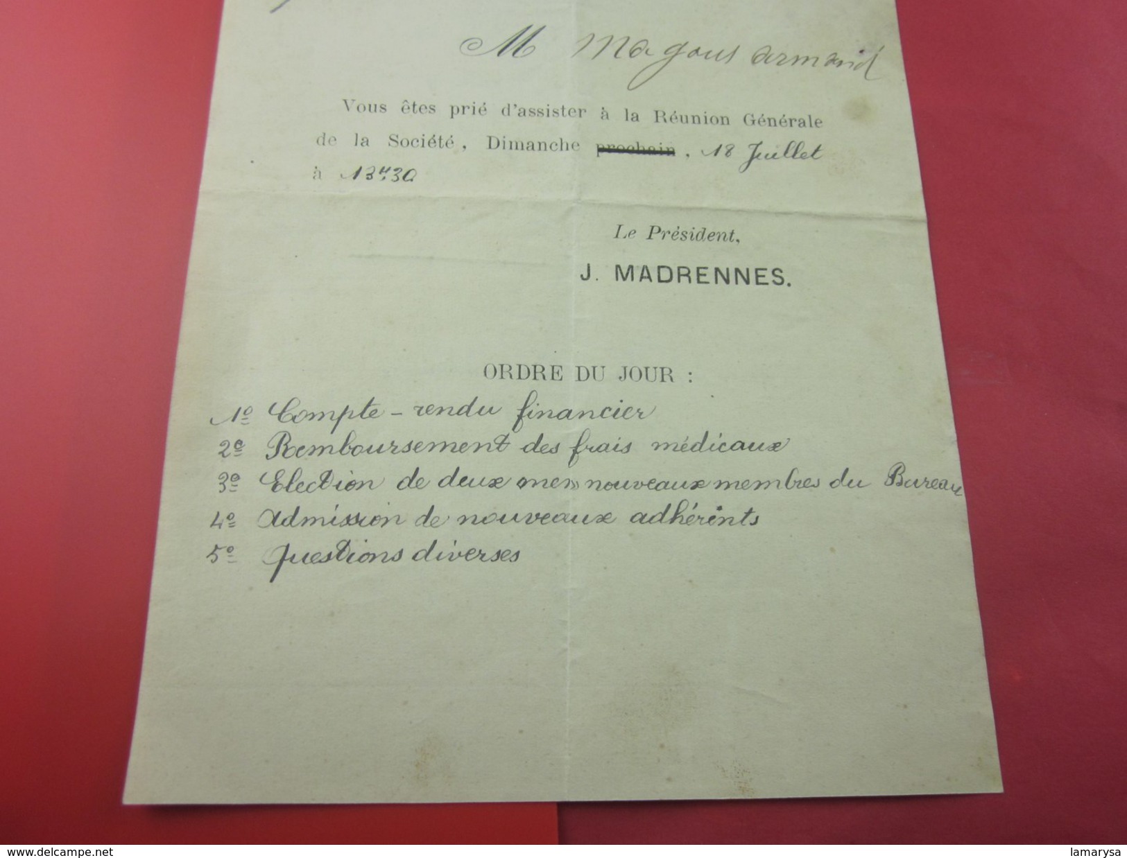 18 Juil 1920 Rieux-Minervois Aude 11 Société Secours Mutuel Union Fraternelle Réunion Générale Lire Ordre Du Jour - Documentos Históricos