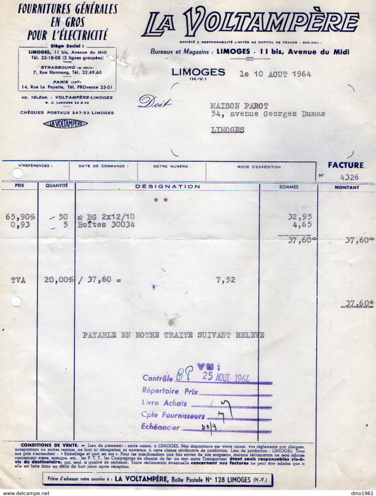 VP6491 - 2 Factures & 1 Lettre De Change - Fournitures En Gros Pour L'Electricité ¨LA VOLTAMPERE¨ à LIMOGES - Electricité & Gaz