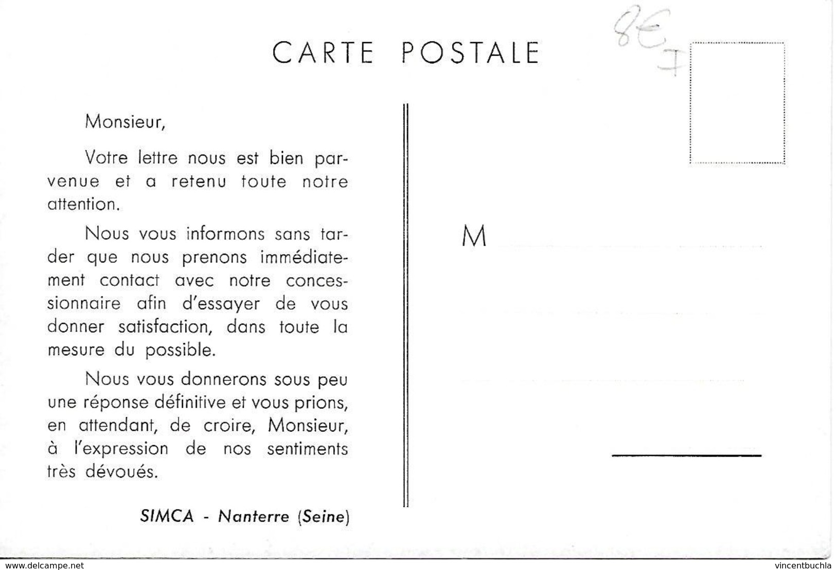 Carte Simca Aronde Publicitaire De La Firme Simca Nanterre (voir Recto-verso) - PKW