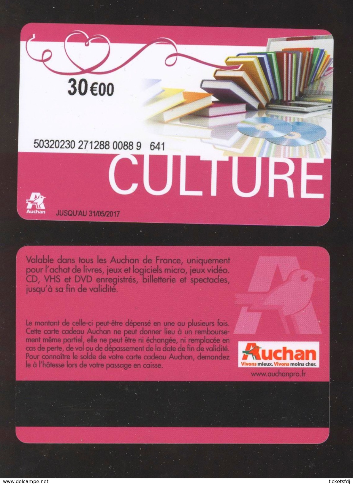 GIFT CARD - Carte Cadeau Auchan - CULTURE - 30 &euro; - Cartes Cadeaux