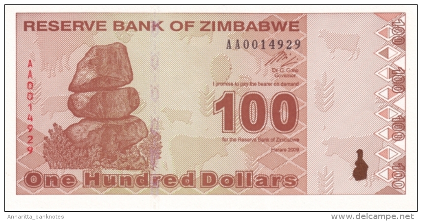 ZIMBABWE 100 DOLLARS 2009 P-97 UNC  [ZW188a] - Zimbabwe