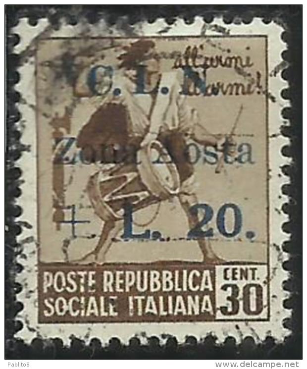 ITALIA REGNO CLN COMITATO LIBERAZIONE NAZIONALE AOSTA 1944 REPUBBLICA SOCIALE SOPRASTAMPATO LIRE 20 SU CENT. 30 USED - Centraal Comité Van Het Nationaal Verzet (CLN)