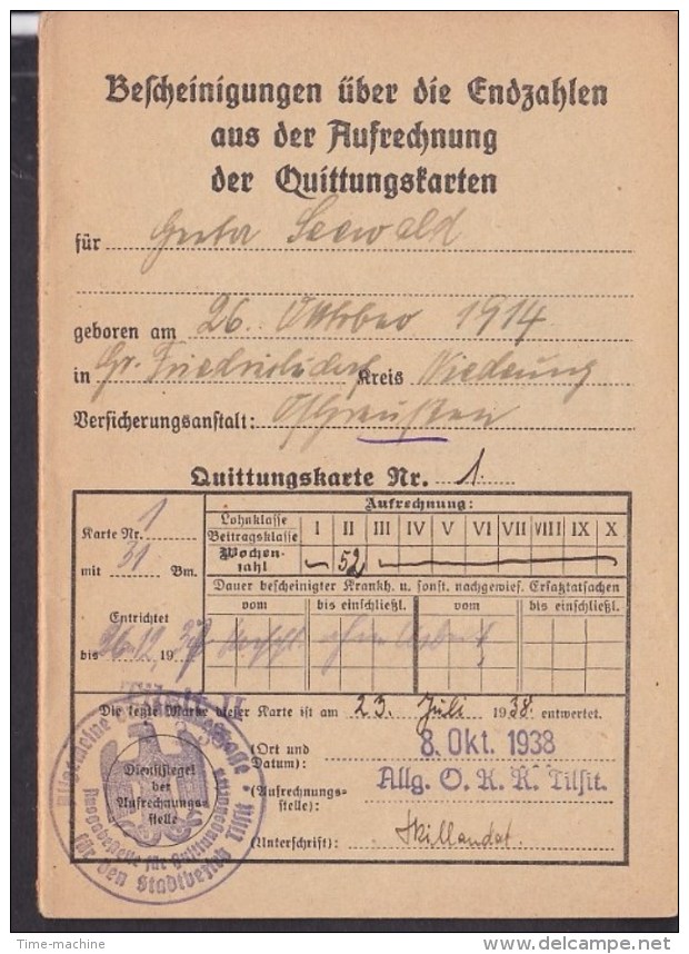 Sammelbuch , Quittungskarten , Krankenkasse , Tilsit 1937-41 - Briefe U. Dokumente