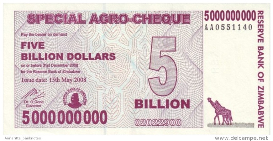 ZIMBABWE 5 BILLION DOLLARS 2008 P-61 UNC  [ZW152a] - Simbabwe