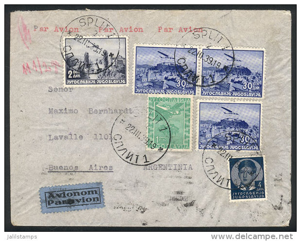 Airmail Cover Sent From Split To Argentina On 22/MAR/1939 With Large Postage Of 97D., VF Quality! - Autres & Non Classés