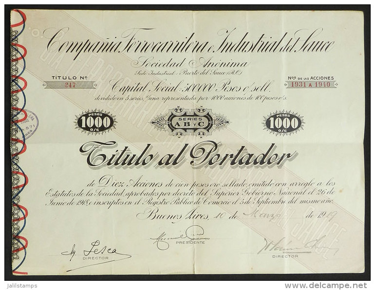 Certificate For 10 Shares Of The Year 1919: Railway Company Compa&ntilde;ía Ferrocarrilera E Industrial Del... - Chemin De Fer & Tramway