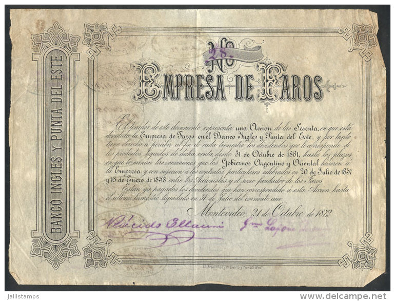 Certificate For 1 Share Of The Year 1872: LIGHTHOUSE Company 'Faros Del Banco Inglés Y Punta Del Este', Very... - Sonstige & Ohne Zuordnung