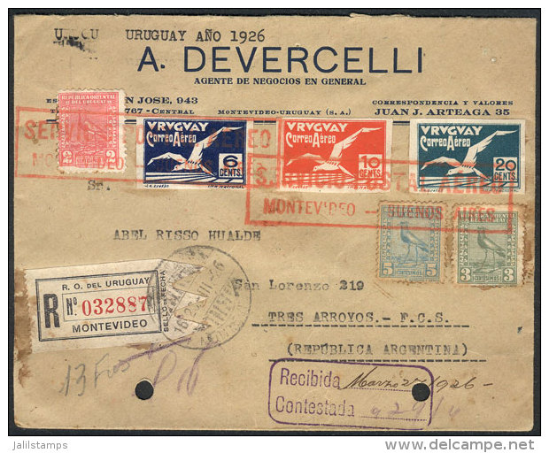 26/MAR/1926 Montevideo - Tres Arroyos (Argentina): Registered Cover Flown Via The Montevideo-Buenos Aires Airmail... - Uruguay