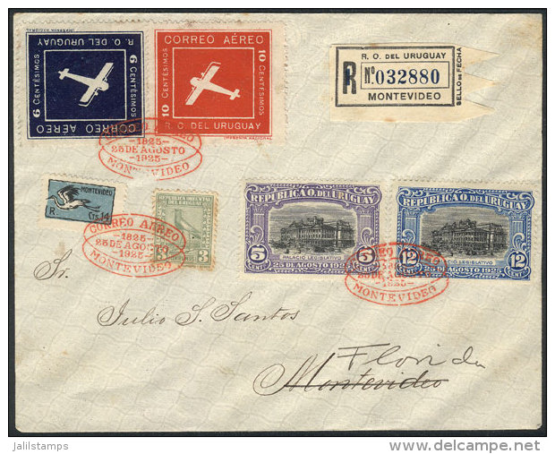 25/AU/1925 First Flight Montevideo-Florida: Registered Cover With Nice Postage, VF Quality. - Uruguay