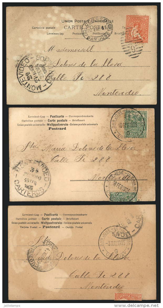 3 Postcards Sent From San José To Montevideo In 1905, All Franked With 2c. And Interesting Cancels: Oval... - Uruguay