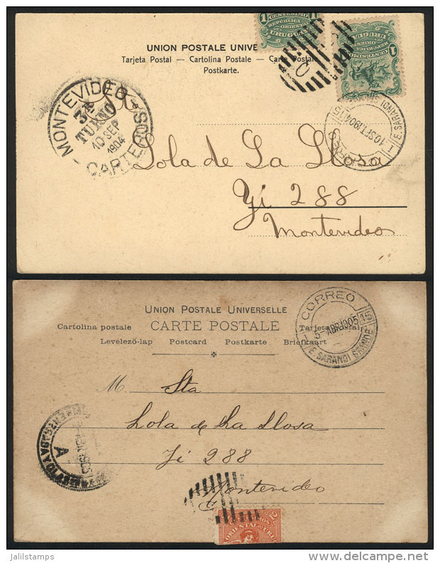 2 Postcards Sent To Montevideo In 1904 And 1905, Both Franked With 2c., Interesting Cancels: "E.SARANDI GRANDE -... - Uruguay