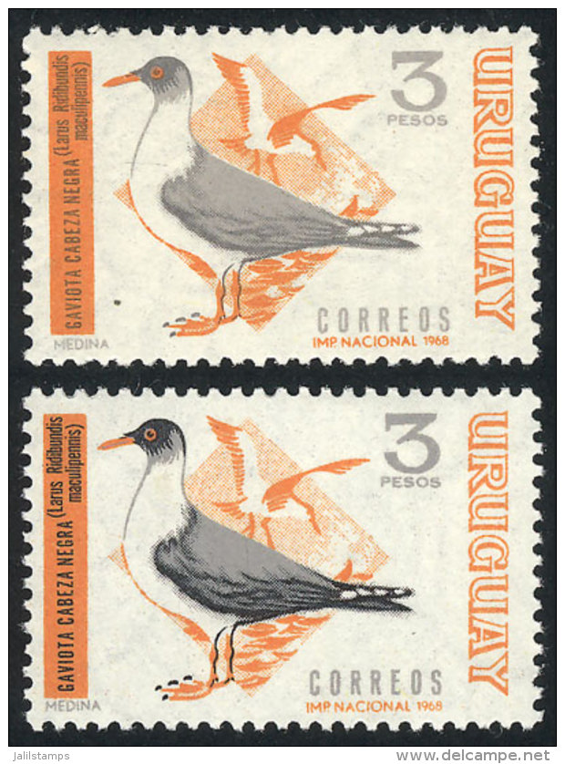 Sc.753, 1968/70 3P. Seagull, With VARIETY: Black Color Omitted (only Orange And Gray Colors), Along A Normal... - Uruguay