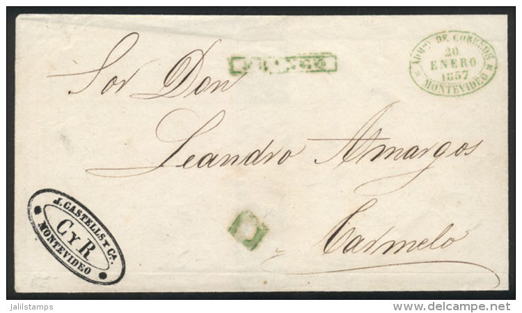 Cover Sent From Montevideo To Carmelo On 20/JA/1857, With An Oval Datestamp And Framed Straightline FRANCO Mark,... - Uruguay