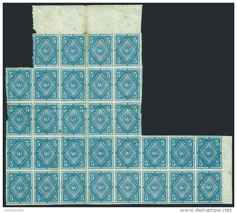 Sc.56, 1884 5c. Blue, On Thin Paper, Irregular Block Of 30 That Includes At Least 10 IMPERFORATE PAIRS And A Couple... - Uruguay