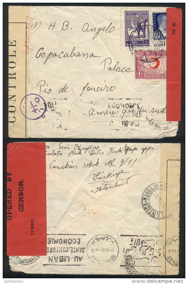 Cover Sent From Istanbul To Brazil In AP/1942, With Transit Backstamp Of Lebanon, And Double Censorship,... - Sonstige & Ohne Zuordnung