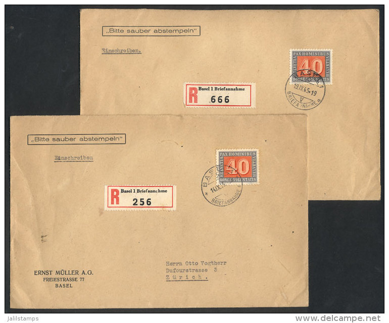 2 Registered Covers Franked With 40c. PAX Alone, Sent From Basel To Zurich On 14 And 19/SE/1945, VF Quality! - Sonstige & Ohne Zuordnung