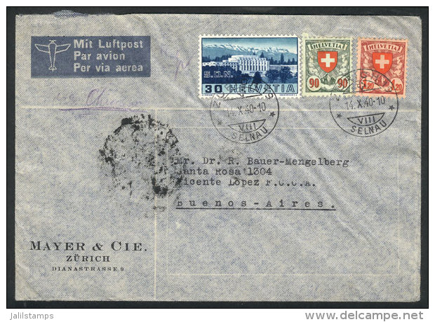 Airmail Cover Sent From Zürich To Argentina On 14/OC/1940 Franked With 2.40Fr., VF Quality! - Sonstige & Ohne Zuordnung