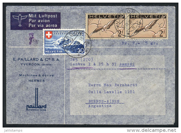 Airmail Cover Sent From Yverdon To Argentina On 29/JUL/1939, Franked With 4.30Fr., Very Nice! - Autres & Non Classés