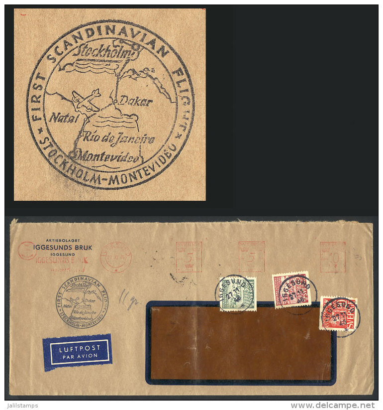 27/NO/1946 Stockholm - Montevideo (Uruguay): First Scandinavian Flight, With Special Black Handstamp And Nice Mixed... - Autres & Non Classés
