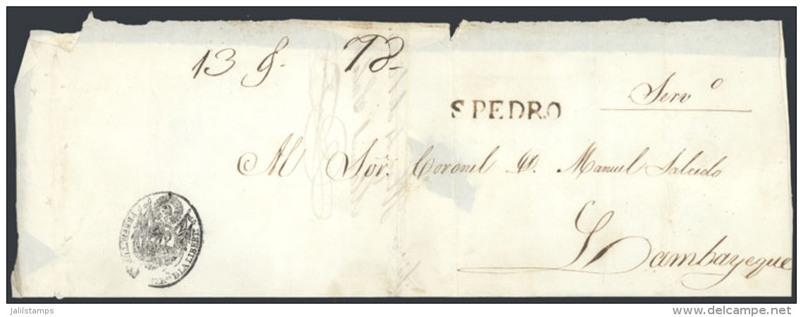 Official Folded Cover Sent To Lambayeque In 1844, With Straightline Black "S.PEDRO" Mark Perfectly Applied, Very... - Pérou