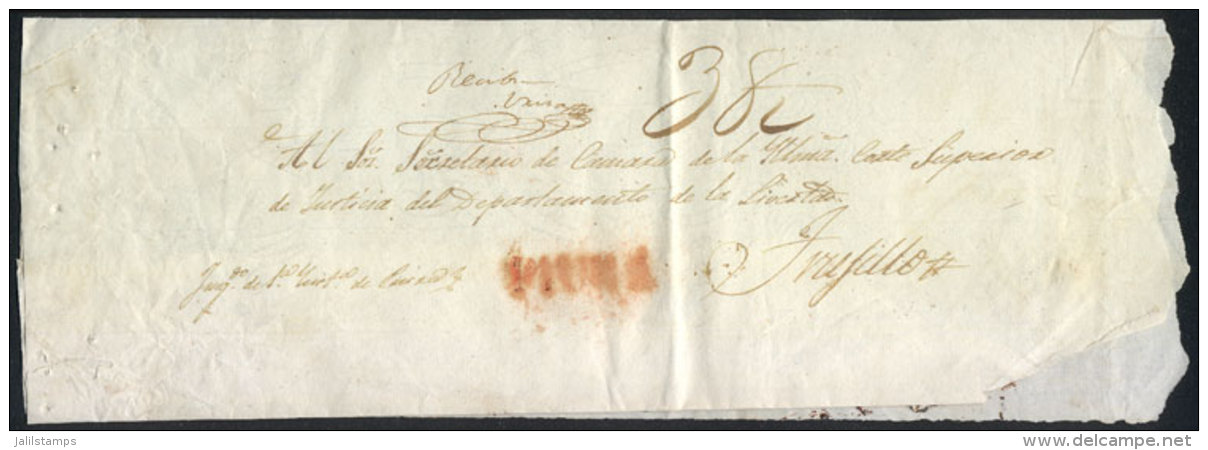 Official Folded Cover Sent To Trujillo In 1834, With Straightline Red PIURA Mark, VF Quality! - Peru