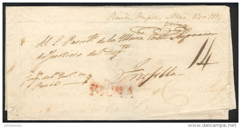 Official Folded Cover Sent To Trujillo In 1834, With Straightline Red PIURA Mark, VF Quality! - Pérou