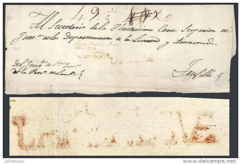 Official Folded Cover Dated In 1834, To Trujillo, With Straightline Red LAMBAYEQUE Mark, Very Nice! - Peru