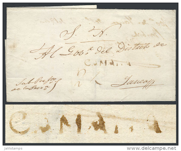 Circa 1840, Official Folded Cover With Straightline Black CAMANA Mark, Rare! - Pérou