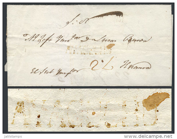 Official Folded Cover Sent To Huancavélica In 1835, With Straightline Red AYACUCHO Mark, VF Quality! - Pérou