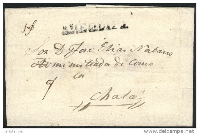 Circa 1840, Official Folded Cover Sent To Chala, With Straightline Black AREQUIPA Mark, VF Quality! - Peru