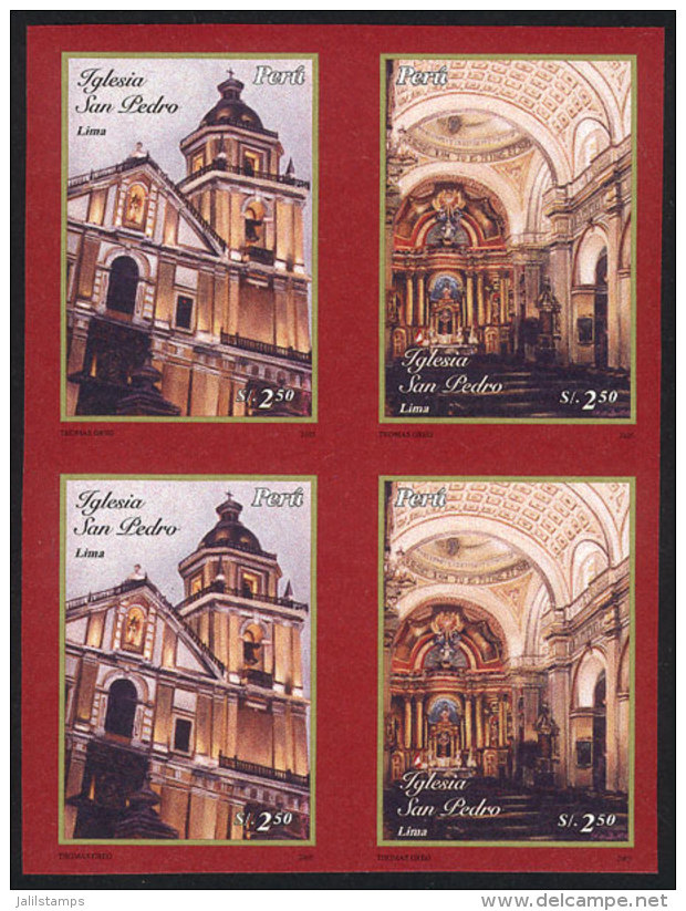 Sc.1493, 2006 Church Of San Pedro In Lima, IMPERFORATE BLOCK OF 4 Consisting Of 2 Sets, Excellent Quality, Rare! - Peru