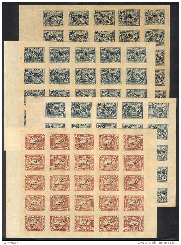 4 Complete Sheets Of Old Official Stamps, Including One With INVERTED OVERPRINT Variety, VF Quality! - Paraguay