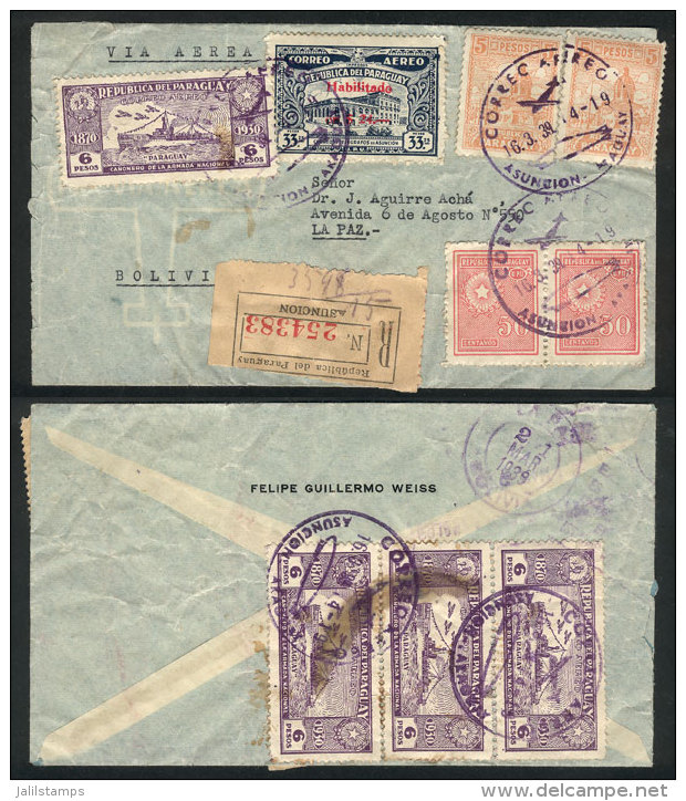 Registered Airmail Cover Sent From Asunción To La Paz (Bolivia) On 16/MAR/1939 With Nice Postage On Front... - Paraguay