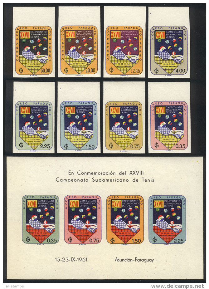 Sc.605/9 + C301/3 + Imperf Souvenir Sheets, 1961 Tennis Championship, Cmpl. Set Of 8 Values + 4 Imperf Souvenir... - Paraguay