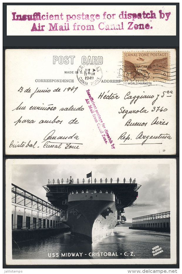 Postcard With View Of Aircraft Carrier USS Midway In Cristobal, Franked With 6c. And Sent From Cristobal To... - Panama