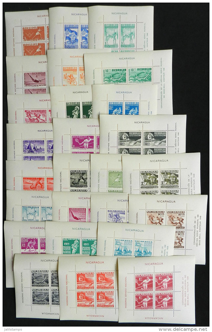 Sc.717/729 + C296/308, 1949 Sport, Complete Set Of 26 Souvenir Sheets, MNH But With Stain Spots On Gum, Good... - Nicaragua