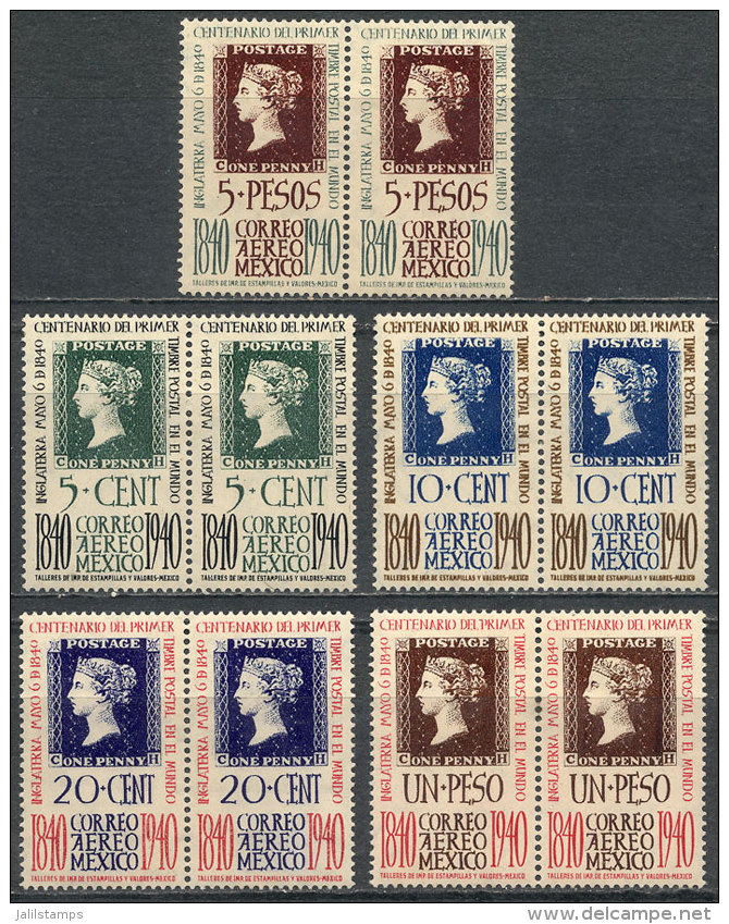 Sc.C103/C107, 1940 Stamp Centenary, Cmpl. Set Of 5 Values In Pairs, Mint Very Lightly Hinged, Dark Gum, Fine... - Mexique