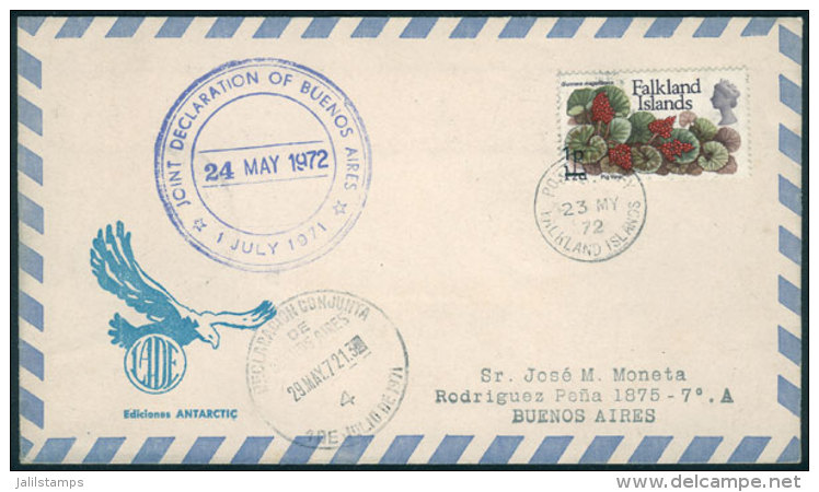 23/MAY/1972 LADE Flight From Port Stanley To Buenos Aires, With British And Argentina Joint Declaration Handstamps,... - Falkland