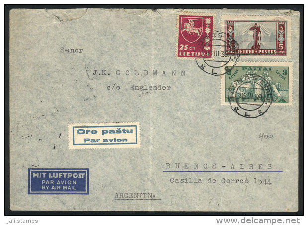Airmail Cover Sent From Kaunas To Argentina On 16/MAR/1939 Via Germany (with Transit Mark Of Berlin On Back),... - Litauen