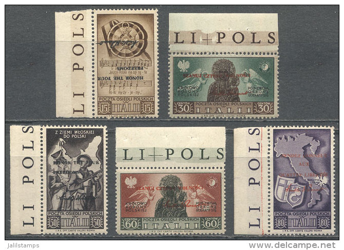 Set Of 5 Values WITH OVERPRINTS: 'Honour The Four Freedoms..' In Different Languages, In The 15c. Value It Is... - 1946-47 Période Corpo Polacco