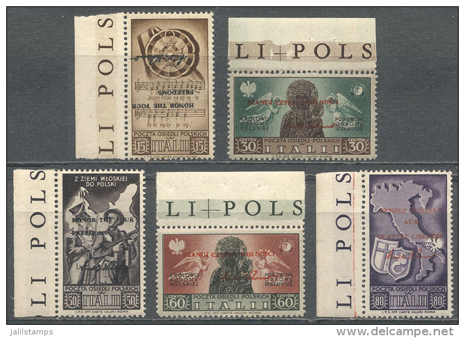 Set Of 5 Values WITH OVERPRINTS: 'Honour The Four Freedoms..' In Different Languages, In The 15c. Value It Is... - 1946-47 Zeitraum Corpo Polacco