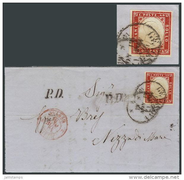 Sc.13, 1855/63 40c. Red, 4 Complete Margins, Franking A Letter Sent From Genova To Niza On 17/NO/1861, Excellent... - Sardinien