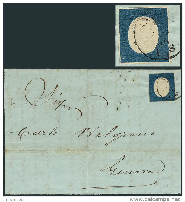 Sc.8, 1854 20c. Blue, 4 Complete Margins, Franking A Folded Cover Sent From Savona To Genova On 16/NO/1854,... - Sardaigne