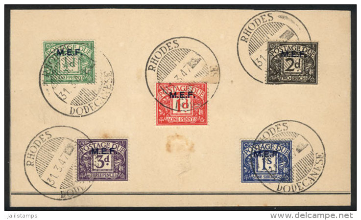 Sc.J1/J5, The Complete Set On A Card With Postmarks Of Rhodes 31/MAR/1947, The Last Day Of The British Occupation! - Taxe