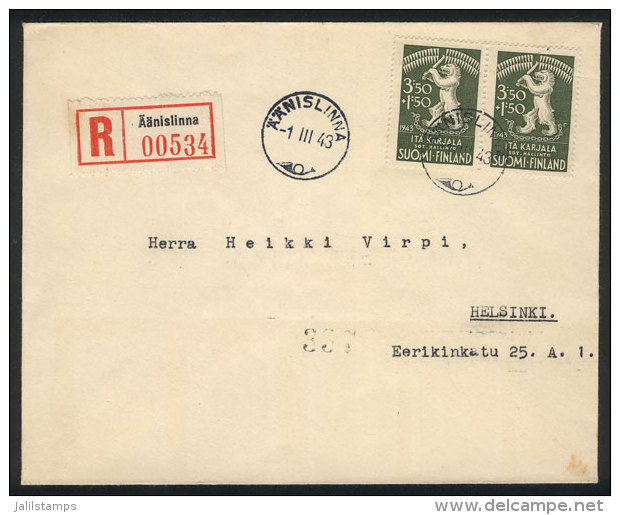 Registered Cover Franked By Sc.NB1 In Pair, Sent From Äänislinna To Helsinki On 1/MAR/1943, VF Quality! - Autres & Non Classés