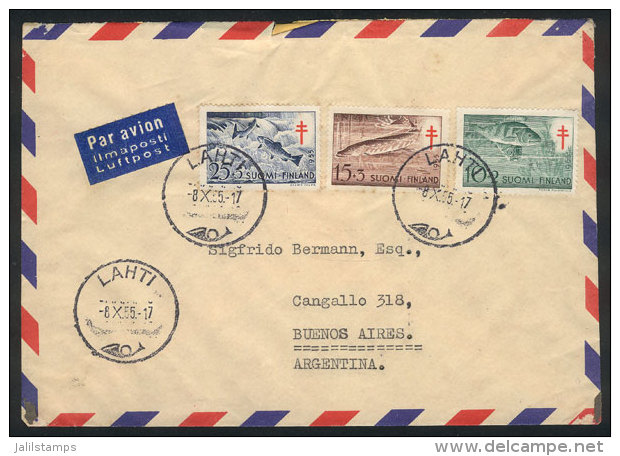 Airmail Cover Franked By Sc.B129/131 (fish), Sent From Lahti To Argentina On 8/OC/1955, Very Nice! - Autres & Non Classés