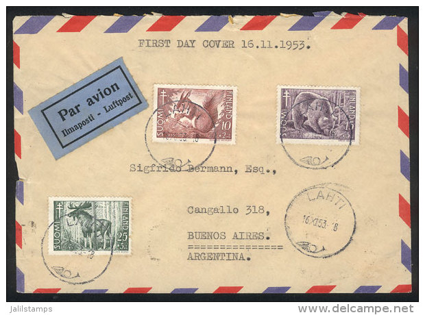 Airmail Cover Franked By Sc.B120/2 (animals), Sent From Lahti To Argentina On 16/NO/1953 (first Day Of Issue), Very... - Sonstige & Ohne Zuordnung