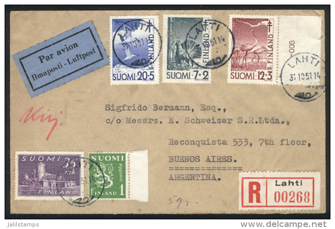 Registered Airmail Cover Sent From Lahti To Argentina On 31/OC/1951 With Very Good Postage: Sc.B107/9 (birds) +... - Sonstige & Ohne Zuordnung