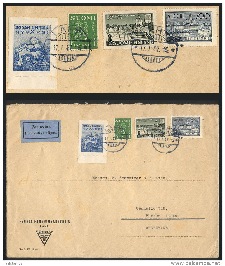 Airmail Cover Sent From Lahti To Argentina On 17/JA/1947, Very Nice Postage Including A Cinderella, VF Quality! - Sonstige & Ohne Zuordnung