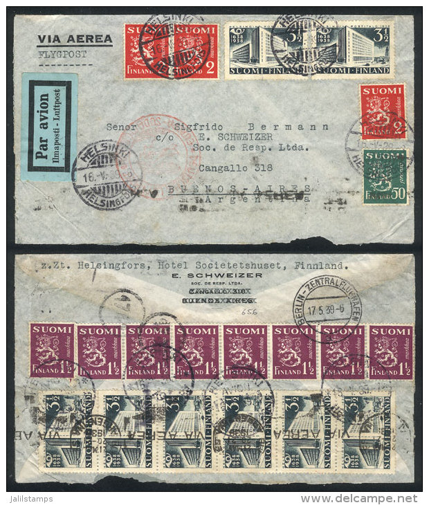 Airmail Cover Sent From Helsinki To Argentina On 16/MAY/1939 With Spectacular Postage On Front And Back (including... - Sonstige & Ohne Zuordnung